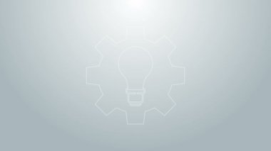 Mavi çizgi lambası ve vites simgesi gri arkaplanda izole edildi. Yenilik kavramı. İş fikri. 4K Video hareketli grafik canlandırması