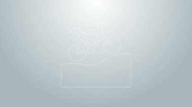 Mavi çizgi dağ bisikleti ikonu gri arkaplanda izole edildi. Bisiklet yarışı. Olağanüstü bir spor. Spor malzemeleri. 4K Video hareketli grafik canlandırması