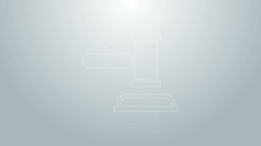 Mavi çizgi Yargıç Tokmak ikonu gri arka planda izole edildi. Gavel cezaların, faturaların, mahkemenin, adaletin hükmünü verecek. Açık arttırma çekici. 4K Video hareketli grafik canlandırması
