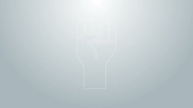 Mavi çizgi, gri arka planda izole edilmiş sıkılmış yumruk ikonu ile kaldırılmış el. Protestocu siyasi bir gösteride yumruğunu kaldırdı. Güçlendirme. 4K Video hareketli grafik canlandırması
