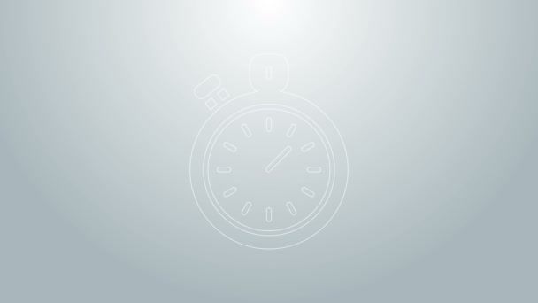 Blå linje Stoppur ikon isolerad på grå bakgrund. Tidtagarskylt. Kronometertecken. 4K Video motion grafisk animation — Stockvideo