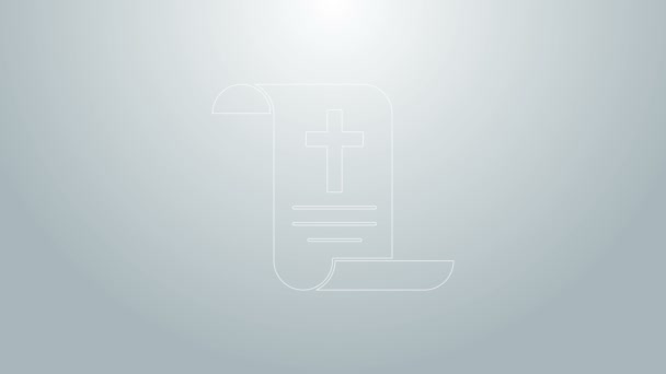 Blue line Decree, paper, parchment, scroll icon icon isolated on grey background. Chinese scroll. 4K Video motion graphic animation