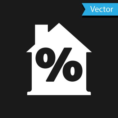 Siyah arka planda izole edilmiş indirimli etiket simgesine sahip Beyaz Saray. Emlak evi. Kredi yüzdesi sembolü. Vektör.