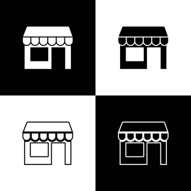 Alışveriş binası ya da market simgesini siyah beyaz arkaplanda izole et. Dükkan inşaatı. Vektör.