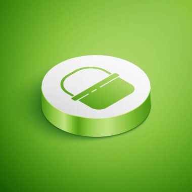 Isometric Basket simgesi yeşil arkaplanda izole edildi. İnternetten satın alma konsepti. Servis tabelası. Alışveriş arabası sembolü. Beyaz daire düğmesi. Vektör.