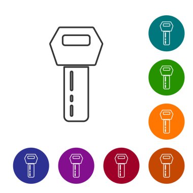 Beyaz arkaplanda izole edilmiş siyah çizgili araba anahtarı. Araba anahtarı ve alarm sistemi. Simgeleri renk daire düğmelerine ayarla. Vektör.