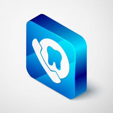 Gri arka planda Isometric Online diş bakımı ikonu izole edildi. Diş hizmetleri danışma merkezi. Mavi kare düğme. Vektör.