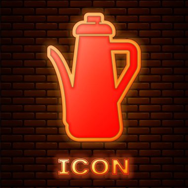 Parlayan neon çaydanlık simgesi tuğla duvar arka planında izole edildi. Vektör.