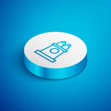 Isometric line Stage stand ya da münazara kürsüsü ikonu mavi arka planda izole edildi. Konferans konuşma tribünü. Beyaz daire düğmesi. Vektör İllüstrasyonu.