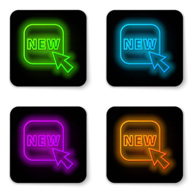 Beyaz arkaplanda izole edilmiş yeni bir simgeyle parlayan neon çizgisi düğmesi. Rozet fiyatına. Reklam etiketi indirimi. Siyah kare düğme. Vektör İllüstrasyonu.