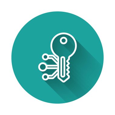 Beyaz çizgi şifreleme anahtar simgesi uzun gölgeli izole edilmiş. Siber güvenlik kavramı ya da özel anahtar, teknolojik arayüzlü dijital anahtar. Yeşil daire düğmesi. Vektör.