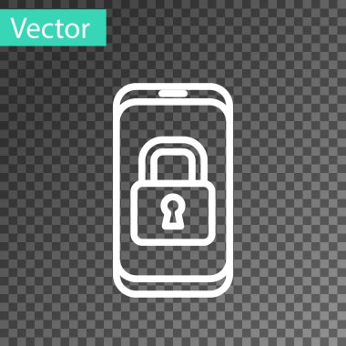Şeffaf arkaplanda izole edilmiş asma kilit simgesine sahip beyaz çizgi akıllı telefon. Kilitli telefon. Gezici güvenlik, güvenlik, koruma konsepti. Vektör.