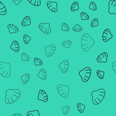 Siyah çizgi deniz kabuğu simgesi yeşil arka planda izole edilmiş. Deniz kabuğu işareti. Vektör..