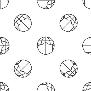 Tıbbi maske ikonuna sahip gri çizgi Dünya küresi beyaz arka planda kusursuz desen izole etti. Vektör..