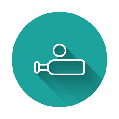 Beyaz çizgi. Ağaç kriket sopası ve top ikonu uzun gölgeli. Yeşil daire düğmesi. Vektör.