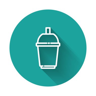 Beyaz çizgi kahve fincanı uzun gölgeli bir ikona dönüşecek. Yeşil daire düğmesi. Vektör.