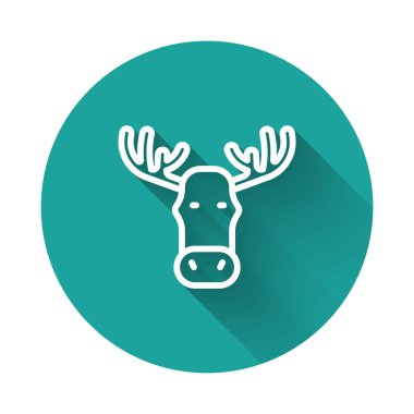 Boynuz simgesi uzun gölgeli beyaz çizgi geyiği kafası. Yeşil daire düğmesi. Vektör.