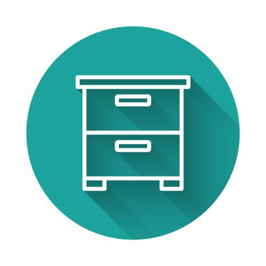 Uzun gölgeli beyaz çizgi mobilya komodininin simgesi. Yeşil daire düğmesi. Vektör.