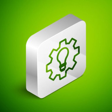 Isometric hattı ampul ve dişli simgesi yeşil arkaplanda izole edildi. Yenilik kavramı. İş fikri. Gümüş kare düğme. Vektör.