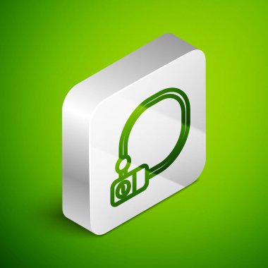 Isometric hattı bisiklet kilidi U biçimli endüstriyel ikon yeşil arka planda izole. Gümüş kare düğme. Vektör.