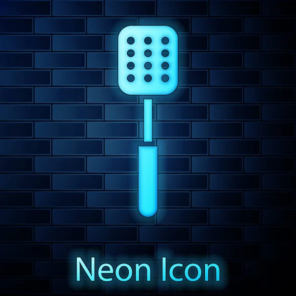 Leuchtende Neon Spatel Ikone Isoliert Auf Backsteinwand Hintergrund Küchenspachtel Symbol — Stockvektor