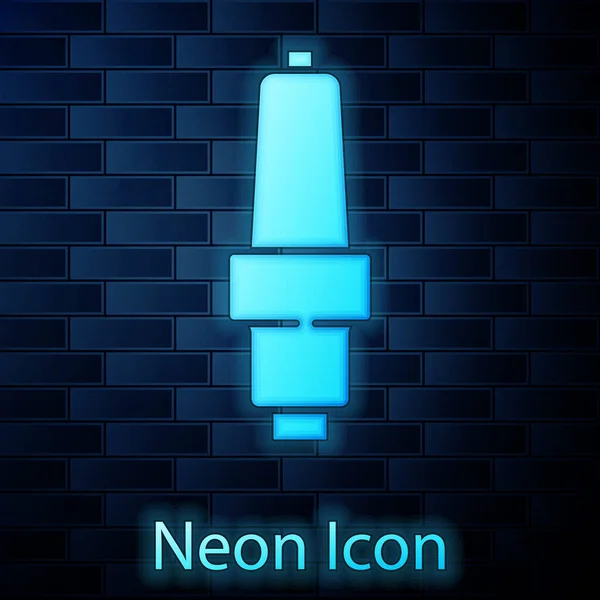 Glowing Neon Car Spark Plug Icon Isolated Brick Wall Background — Stock Vector