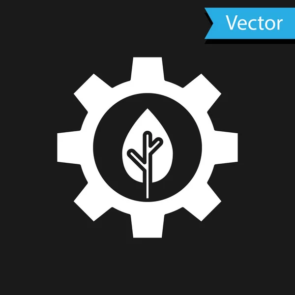 White Leaf Pflanzenökologie Getriebemaschine Symbol Isoliert Auf Schwarzem Hintergrund Umweltfreundliche — Stockvektor