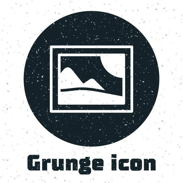 Ícone Paisagem Grunge Picture Isolado Fundo Branco Desenho Vintage Monocromático — Vetor de Stock