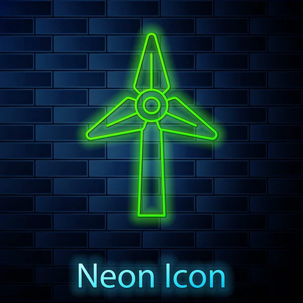 Ragyogó Neon Vonal Szélturbina Ikon Elszigetelt Téglafal Háttér Szélgenerátor Jel — Stock Vector