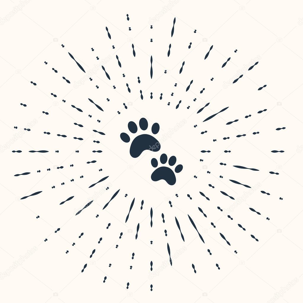Grey Paw print icon isolated on beige background. Dog or cat paw print. Animal track. Abstract circle random dots. Vector.