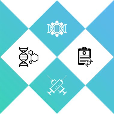 Genetik mühendisliğini, çapraz şırıngayı ve DNA analiz simgesiyle panoyu ayarla. Vektör.