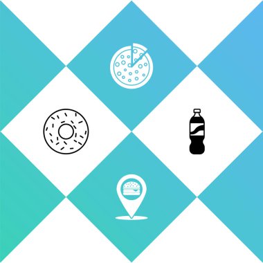 Set Donut, hamburger, pizza ve bir şişe su ikonu. Vektör.