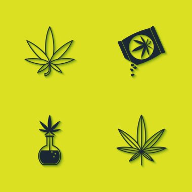 Marihuana ya da kenevir yaprağı, marihuana ve tohum ikonuyla test tüpü. Vektör.