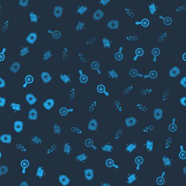 Marihuanalı fincan çayı, saksıda marihuana bitkisi, büyüteç ve dikişsiz desenli kalkan. Vektör.