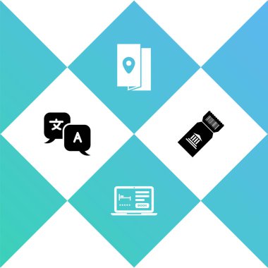 Çevrimiçi otel rezervasyonu, seyahat rehberi ve müze bileti ikonunu ayarla. Vektör.