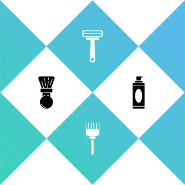 Tıraş fırçası, saç fırçası, jilet ve jöle köpüğü ikonunu hazırlayın. Vektör.