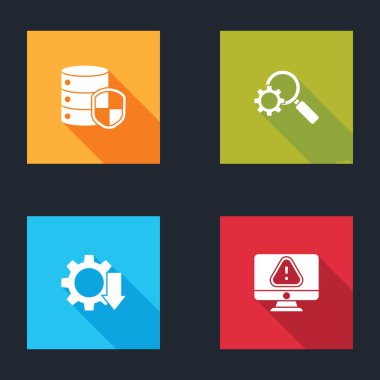 Sunucuyu kalkan, büyüteç ve teçhizat, maliyet azaltma ve ünlem simgesi ile ayarla. Vektör.