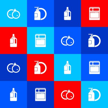 Bulaşık makinesini, bulaşık deterjanını, tabağını, kumaş yumuşatıcısını ve bulaşık makinesi ikonunu ayarla. Vektör.