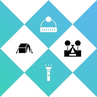 Turist çadırı, el feneri, kış şapkası ve simgesi. Vektör.