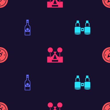 Dürbünü, votka şişesini, turist çadırını ve pusulasını kusursuz bir şekilde ayarla. Vektör.