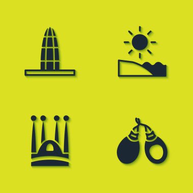 Agbar kulesini, Kastanyetleri, Sagrada Familia 'yı ve Beach ikonunu ayarla. Vektör.