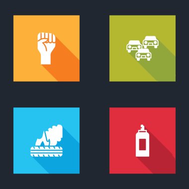Yumruk sıkma, trafik sıkışıklığı, yanan lastikler ve boya spreyi ikonu ile el kaldırın. Vektör.