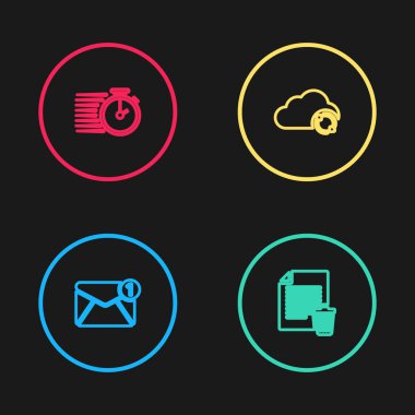 Satır Yeni, e- posta gelen iletiyi, dosya belgesini sil, Cloud sync resh ve Stopwatch simgesini ayarla. Vektör.