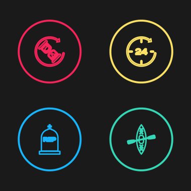 Çizgi Tombstone 'u RIP yazılı olarak ayarla, kano ve kürek, Saat 24 saat ve Bekleme simgesi. Vektör.