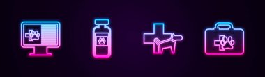 Klinik evcil hayvan kayıtlarını monitöre aktar. Evcil hayvan şişesi, veteriner kliniği ve ilk yardım çantası. Parlayan neon ikonu. Vektör.