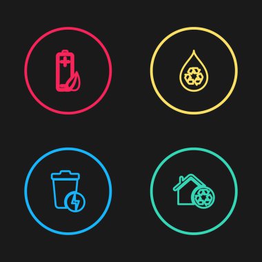 Işık hattını çöp tenekesi, Eco House geri dönüşümü, temiz su ve doğa yaprağı ve pil ikonu ile ayarlayın. Vektör.