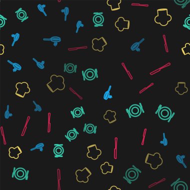 Hattı kurun, tava, çatal ve bıçak, Şef şapkası ve bıçağı kusursuz şekilde yerleştirin. Vektör.