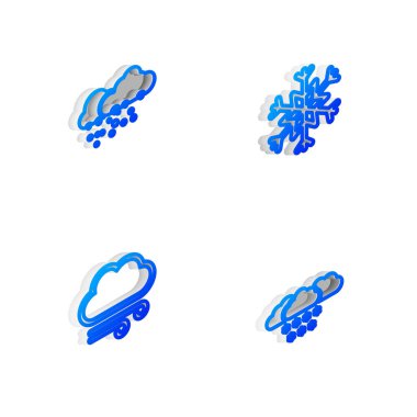 Isometric hattını Kar Tanesi 'ne, karlı Bulut' a, rüzgarlı havaya ve ikona ayarla. Vektör.