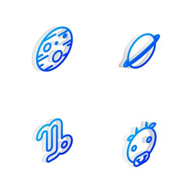 Isometric hattını Satürn, Mars, Oğlak burcu ve Öküz ikonu olarak ayarla. Vektör.