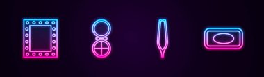 Makyaj aynasını ışık, pudra, kaş cımbızı ve sabun ile ayarla. Parlayan neon ikonu. Vektör.